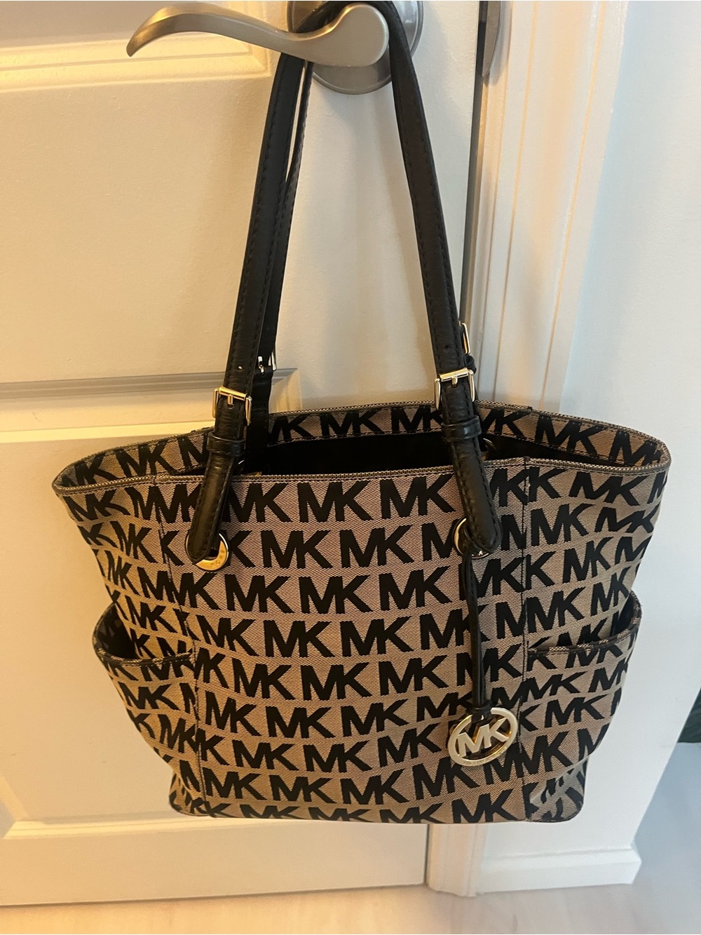 Michael Kors Brown and Black MK Logo Tote with Signature Charm